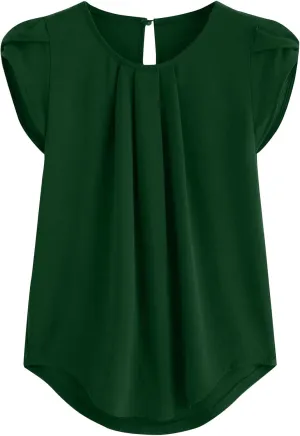 Plus Size Tops for Women Petal Sleeve Solid Color Blouse Curved Keyhole Back Round Neck Top Pleated Casual T Shirt
