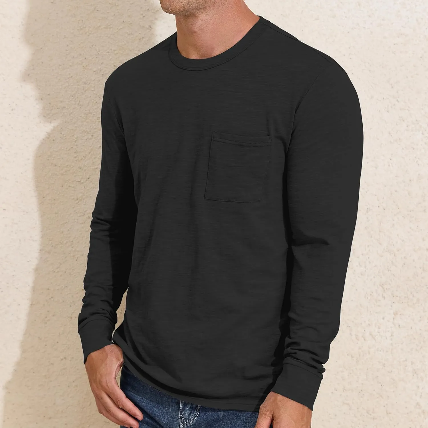 PrettyGuide Men's Cotton Long Sleeve Shirts Undershirt Lightweight Casual Crewneck Pocket T-Shirt