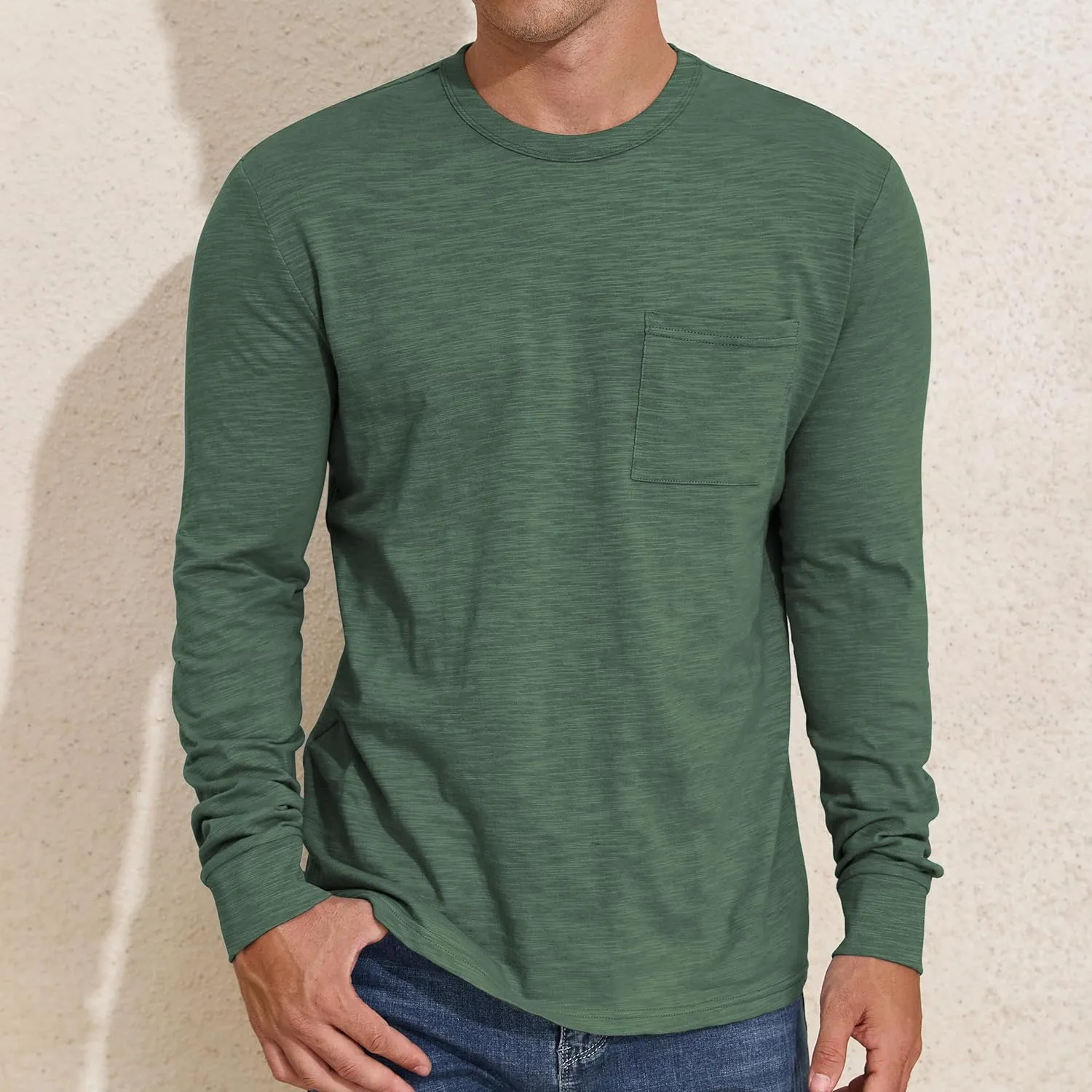 PrettyGuide Men's Cotton Long Sleeve Shirts Undershirt Lightweight Casual Crewneck Pocket T-Shirt