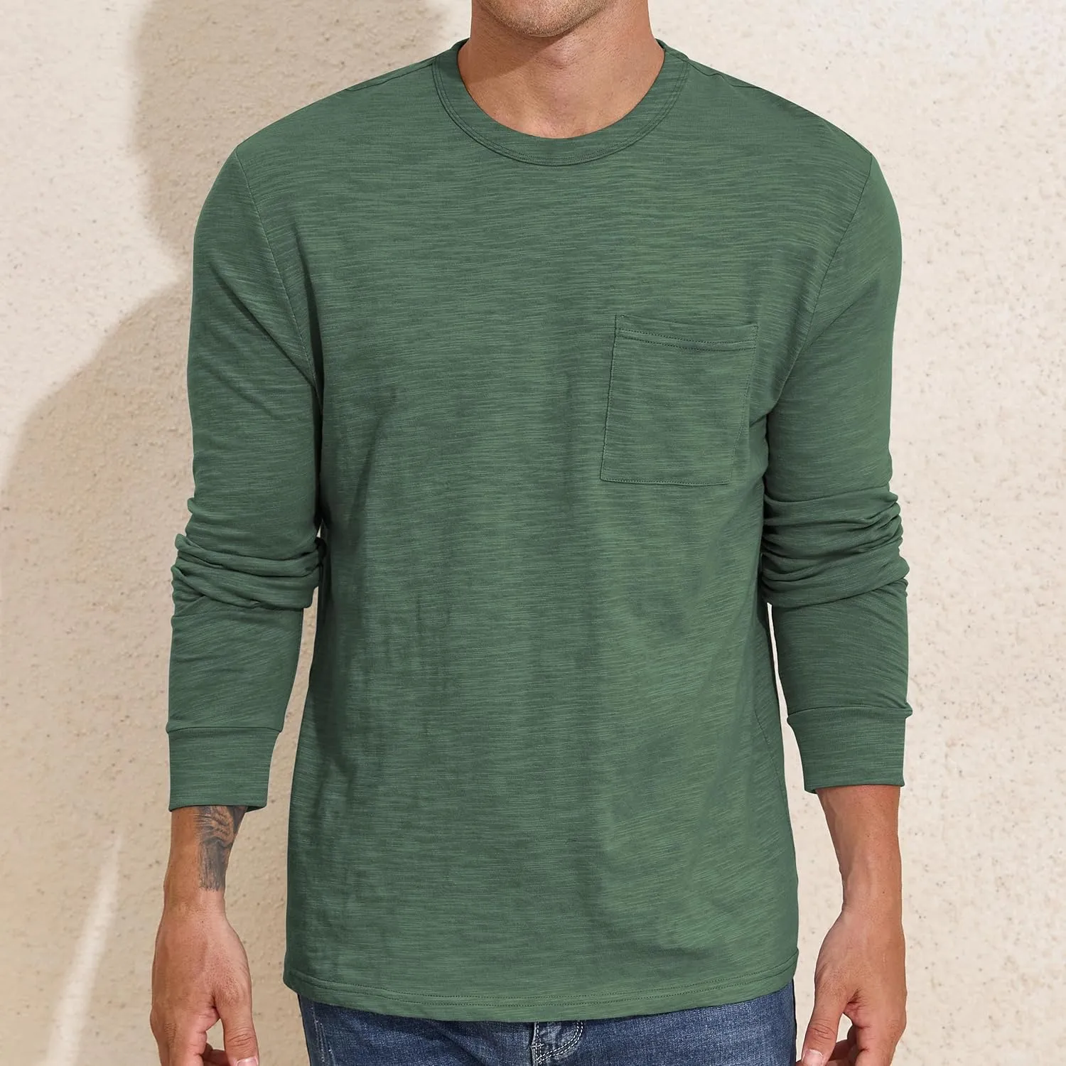 PrettyGuide Men's Cotton Long Sleeve Shirts Undershirt Lightweight Casual Crewneck Pocket T-Shirt