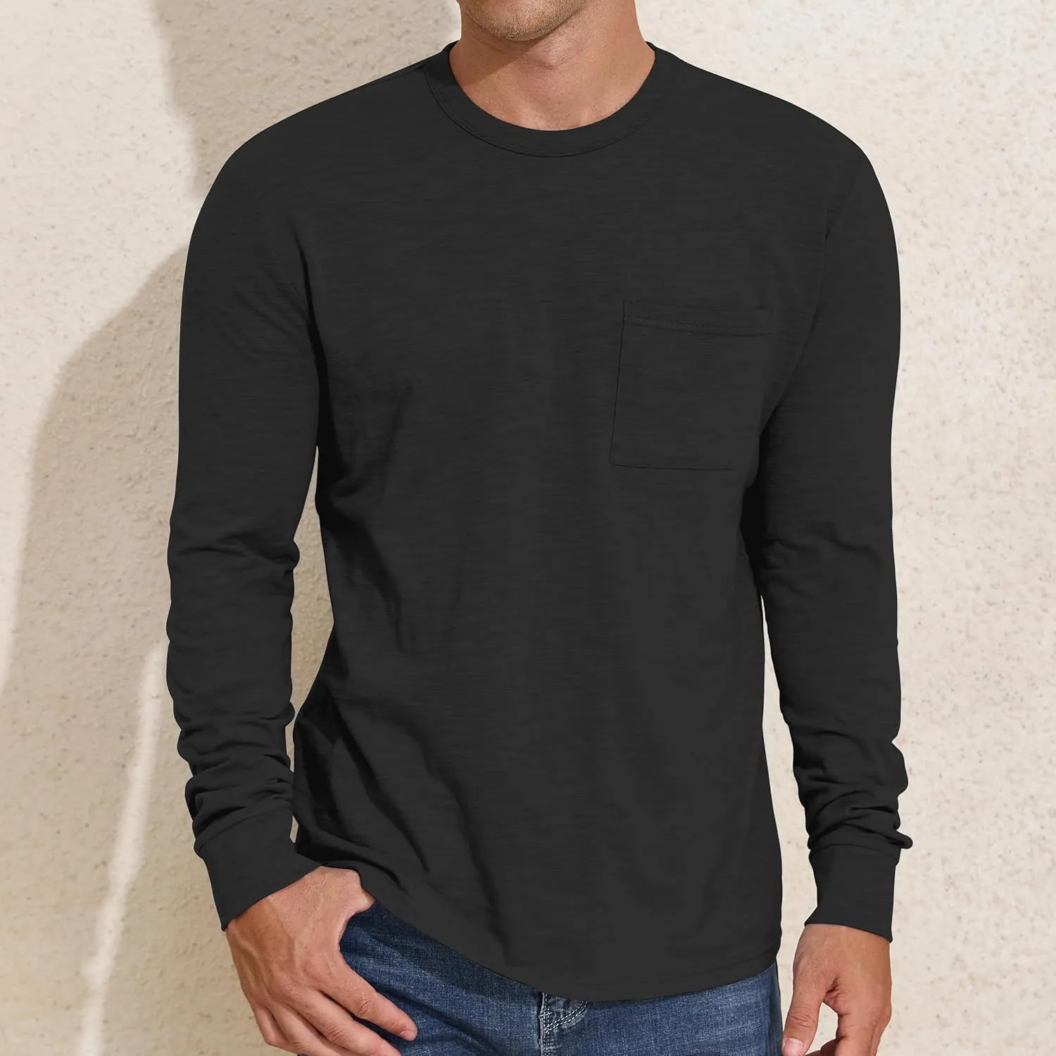 PrettyGuide Men's Cotton Long Sleeve Shirts Undershirt Lightweight Casual Crewneck Pocket T-Shirt