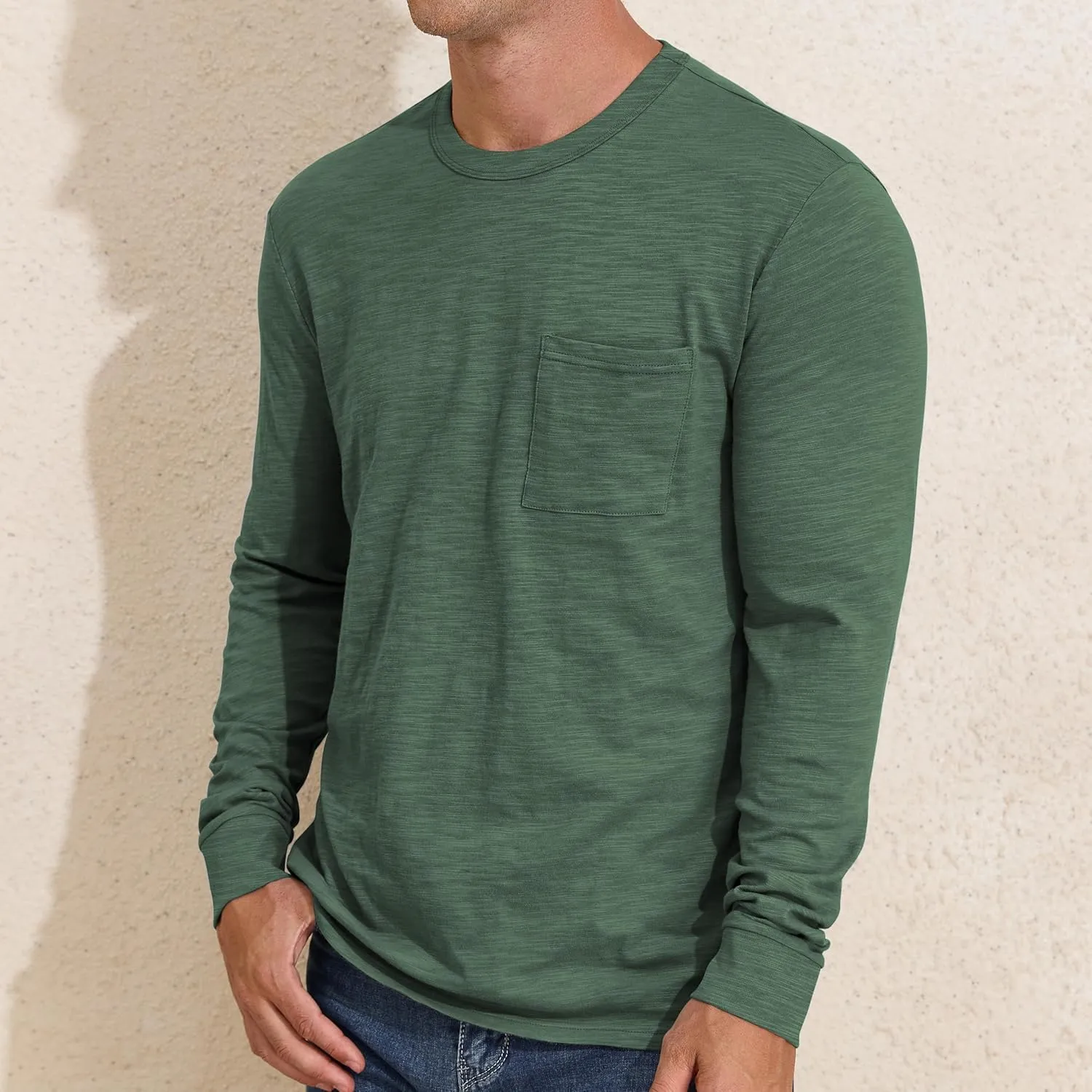 PrettyGuide Men's Cotton Long Sleeve Shirts Undershirt Lightweight Casual Crewneck Pocket T-Shirt