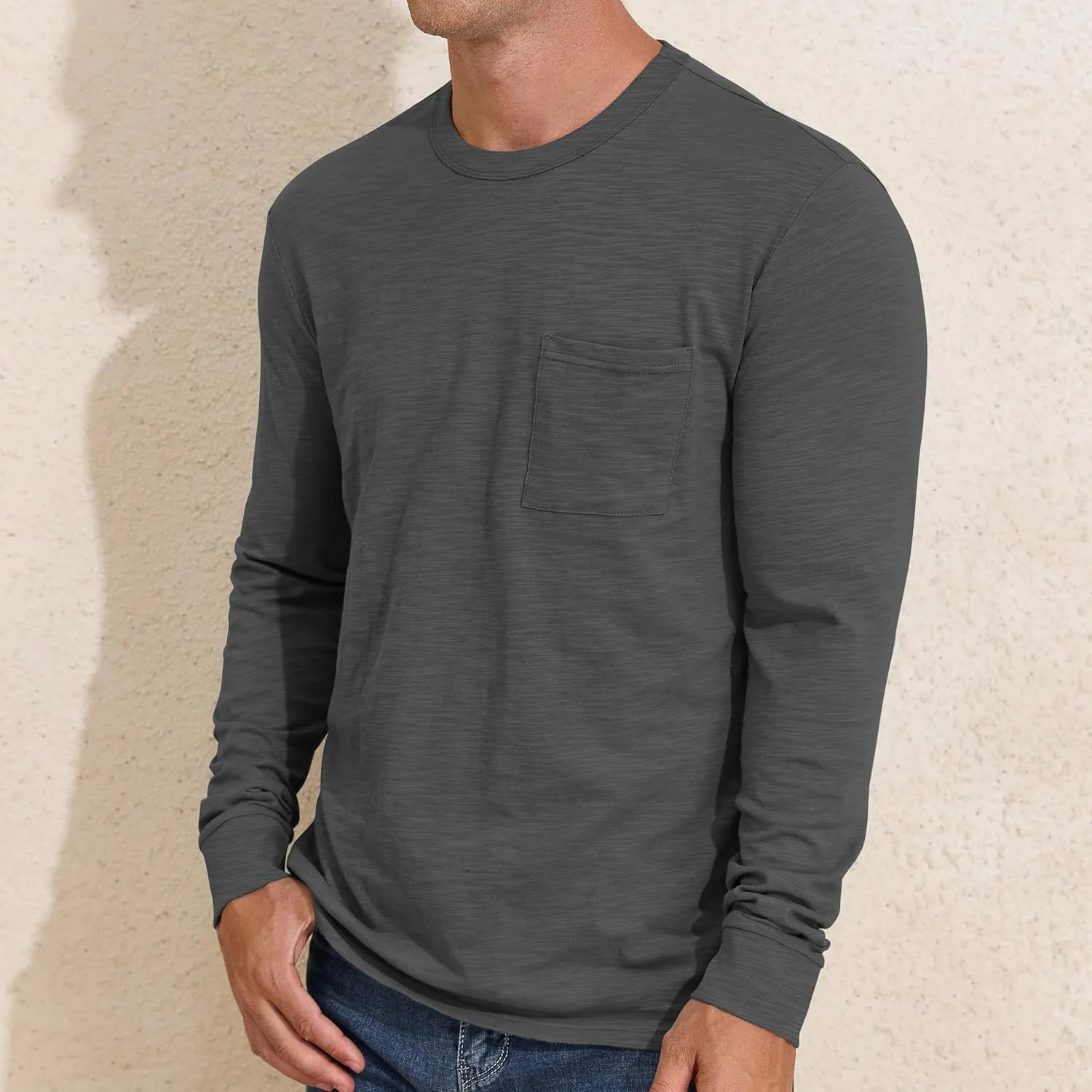 PrettyGuide Men's Cotton Long Sleeve Shirts Undershirt Lightweight Casual Crewneck Pocket T-Shirt