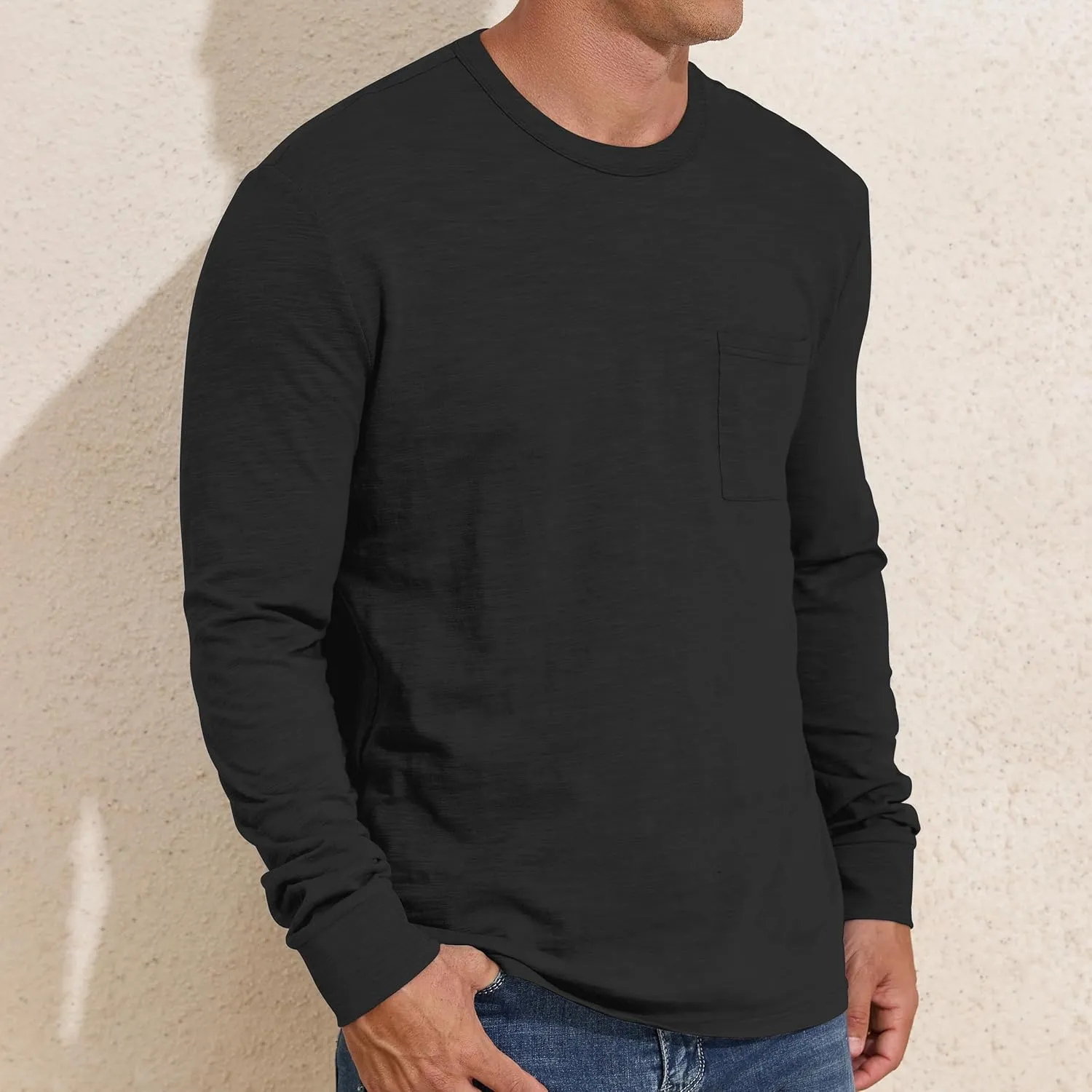 PrettyGuide Men's Cotton Long Sleeve Shirts Undershirt Lightweight Casual Crewneck Pocket T-Shirt