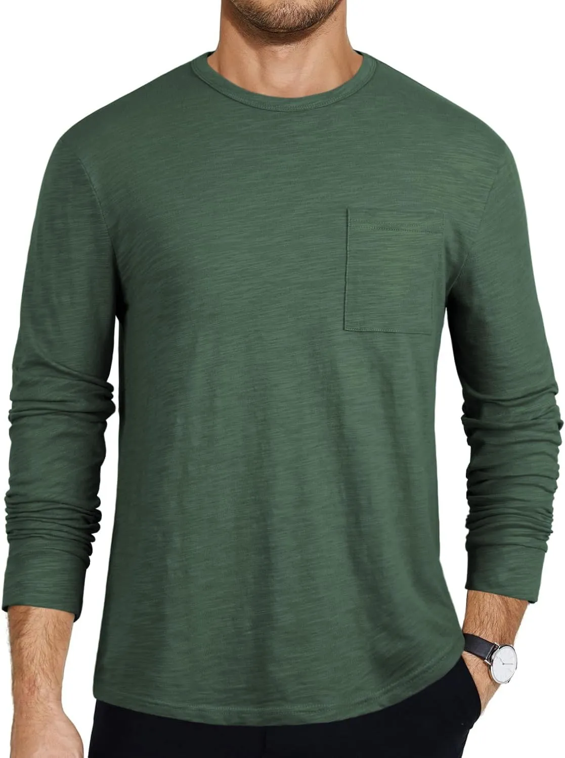 PrettyGuide Men's Cotton Long Sleeve Shirts Undershirt Lightweight Casual Crewneck Pocket T-Shirt