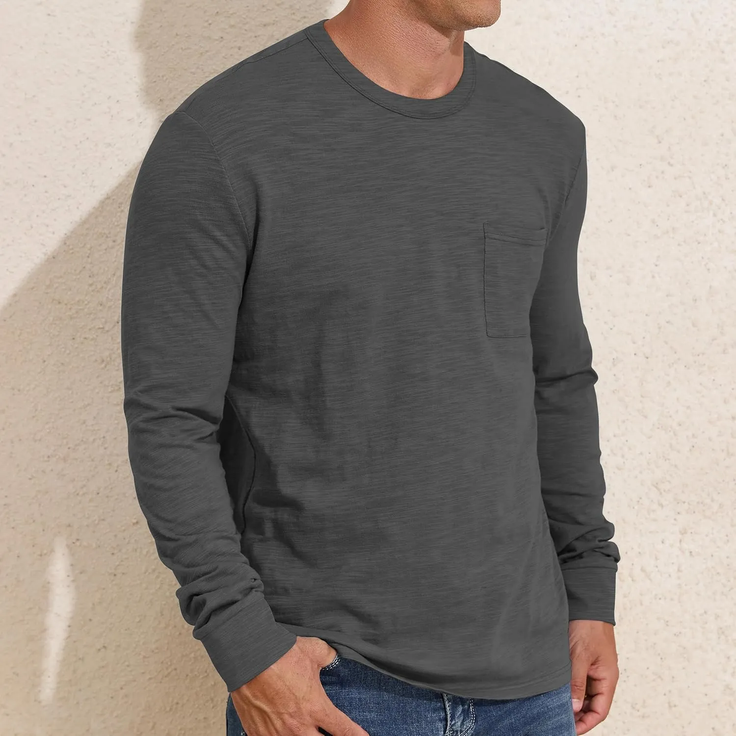 PrettyGuide Men's Cotton Long Sleeve Shirts Undershirt Lightweight Casual Crewneck Pocket T-Shirt