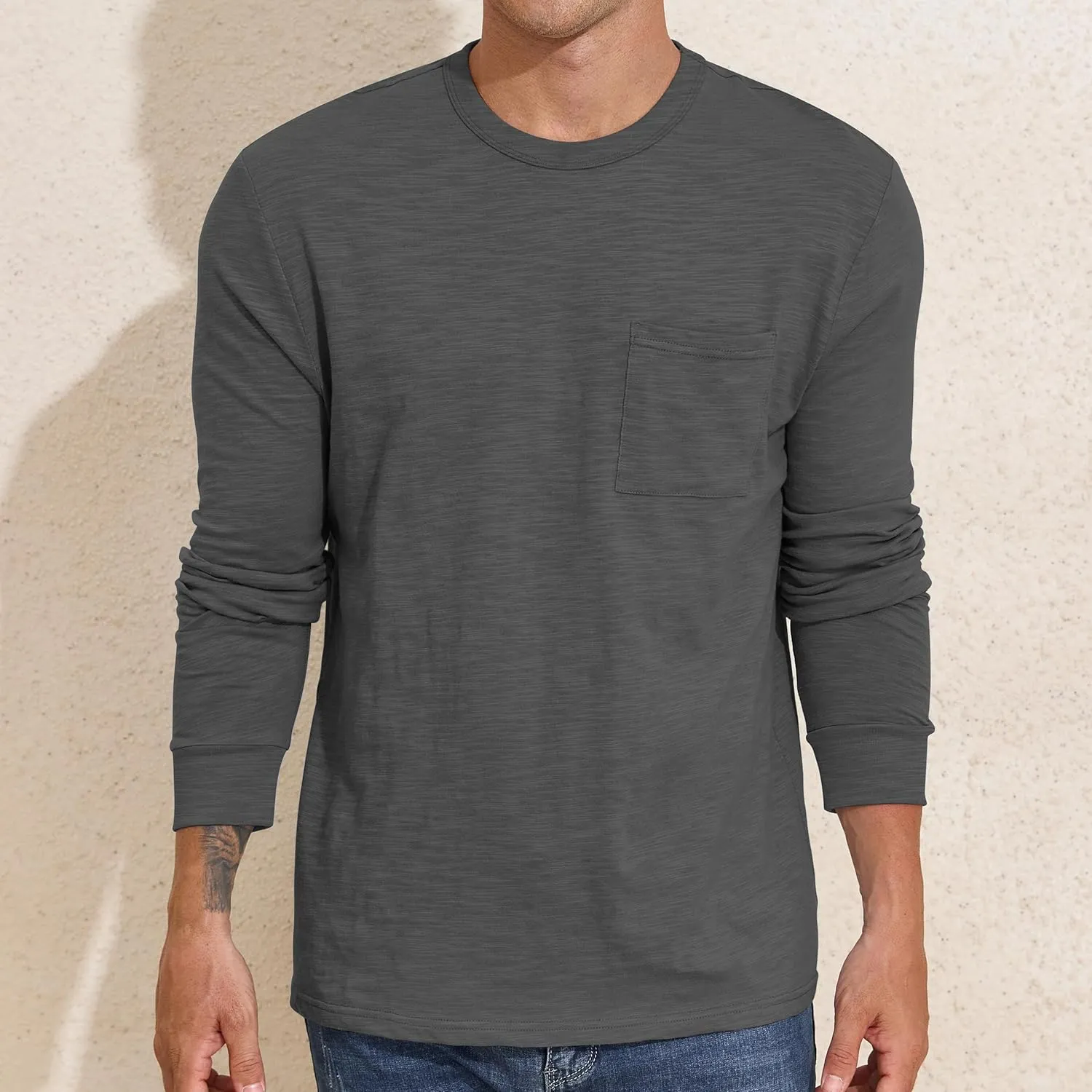 PrettyGuide Men's Cotton Long Sleeve Shirts Undershirt Lightweight Casual Crewneck Pocket T-Shirt
