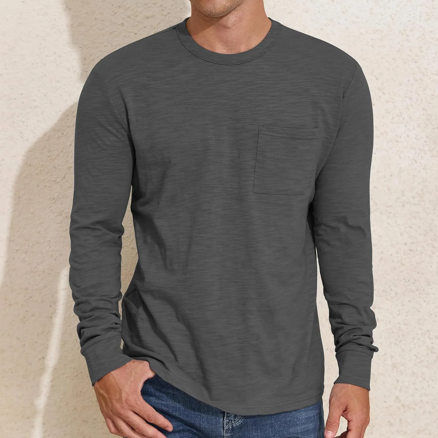 PrettyGuide Men's Cotton Long Sleeve Shirts Undershirt Lightweight Casual Crewneck Pocket T-Shirt