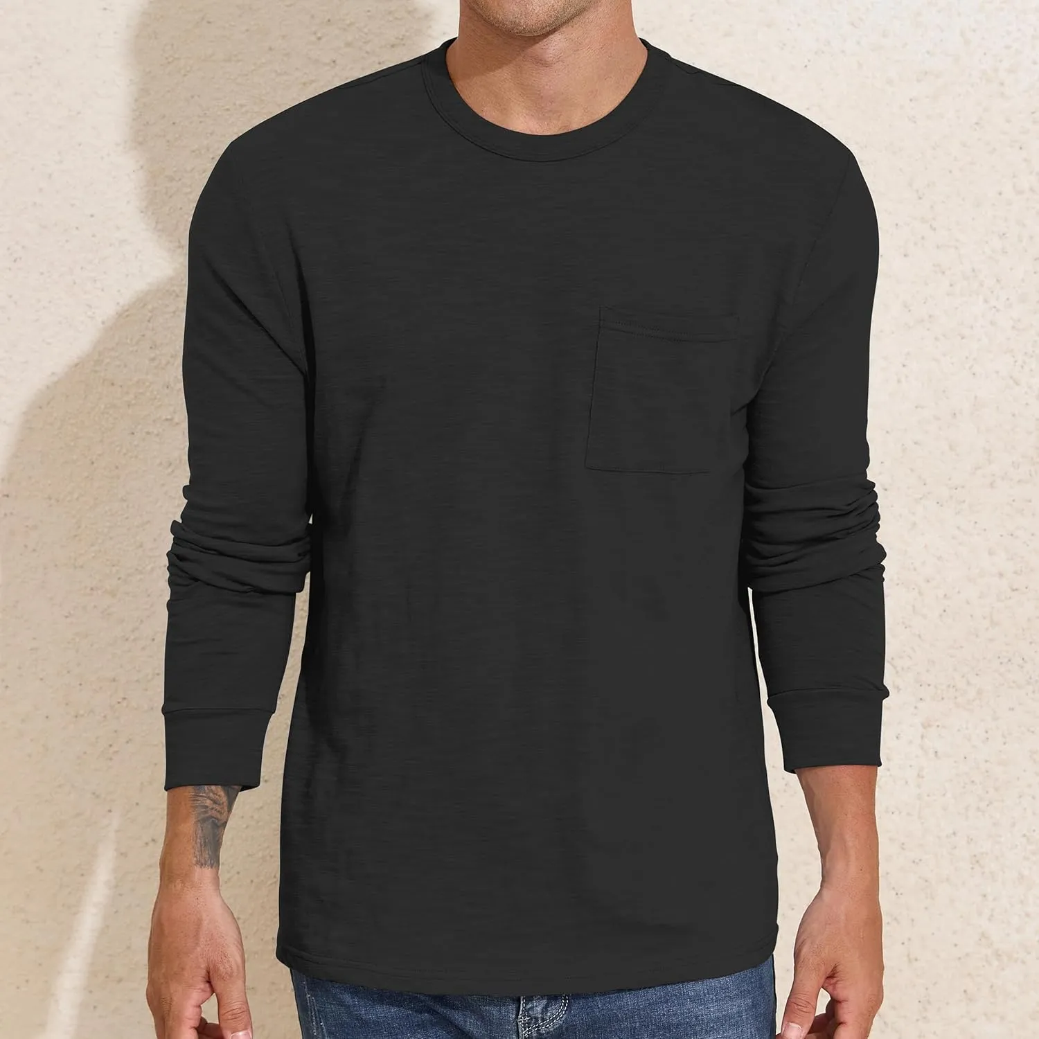 PrettyGuide Men's Cotton Long Sleeve Shirts Undershirt Lightweight Casual Crewneck Pocket T-Shirt
