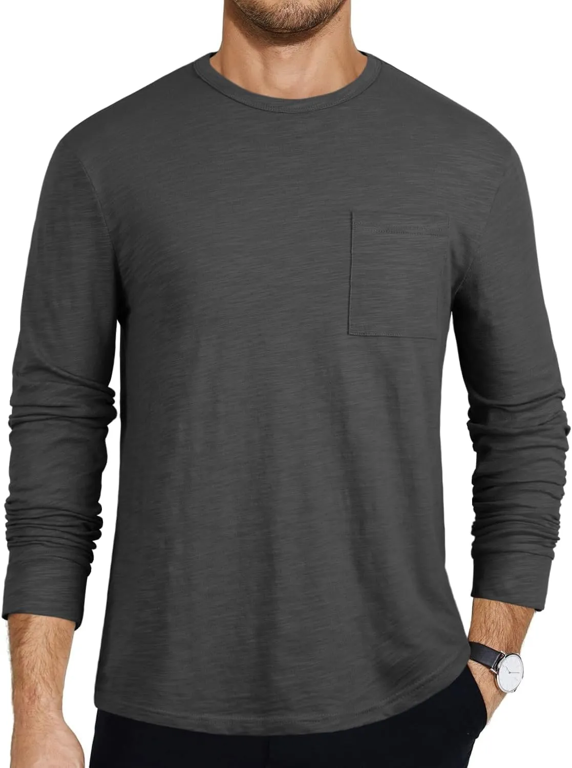 PrettyGuide Men's Cotton Long Sleeve Shirts Undershirt Lightweight Casual Crewneck Pocket T-Shirt