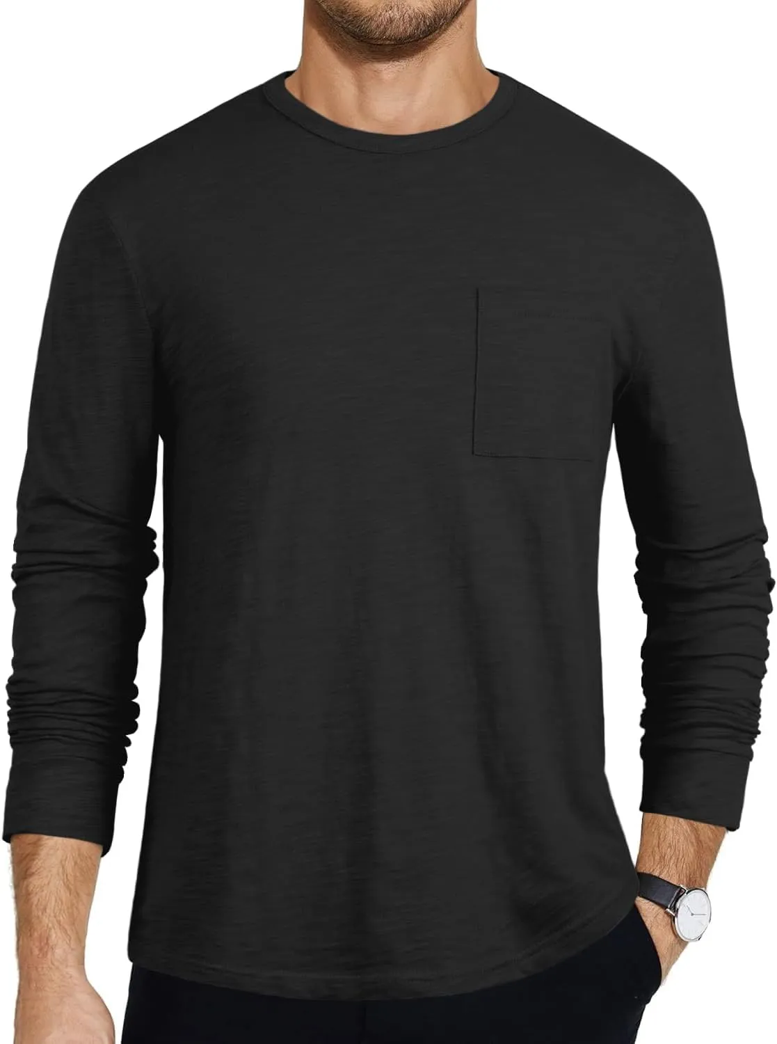 PrettyGuide Men's Cotton Long Sleeve Shirts Undershirt Lightweight Casual Crewneck Pocket T-Shirt