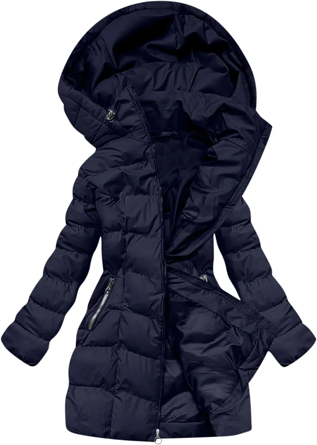 Quilted Jacket for Women Warm Winter Mid Length Down Puffer Jacket Thicken Hooded Zipper Padded Overcoat Outerwear