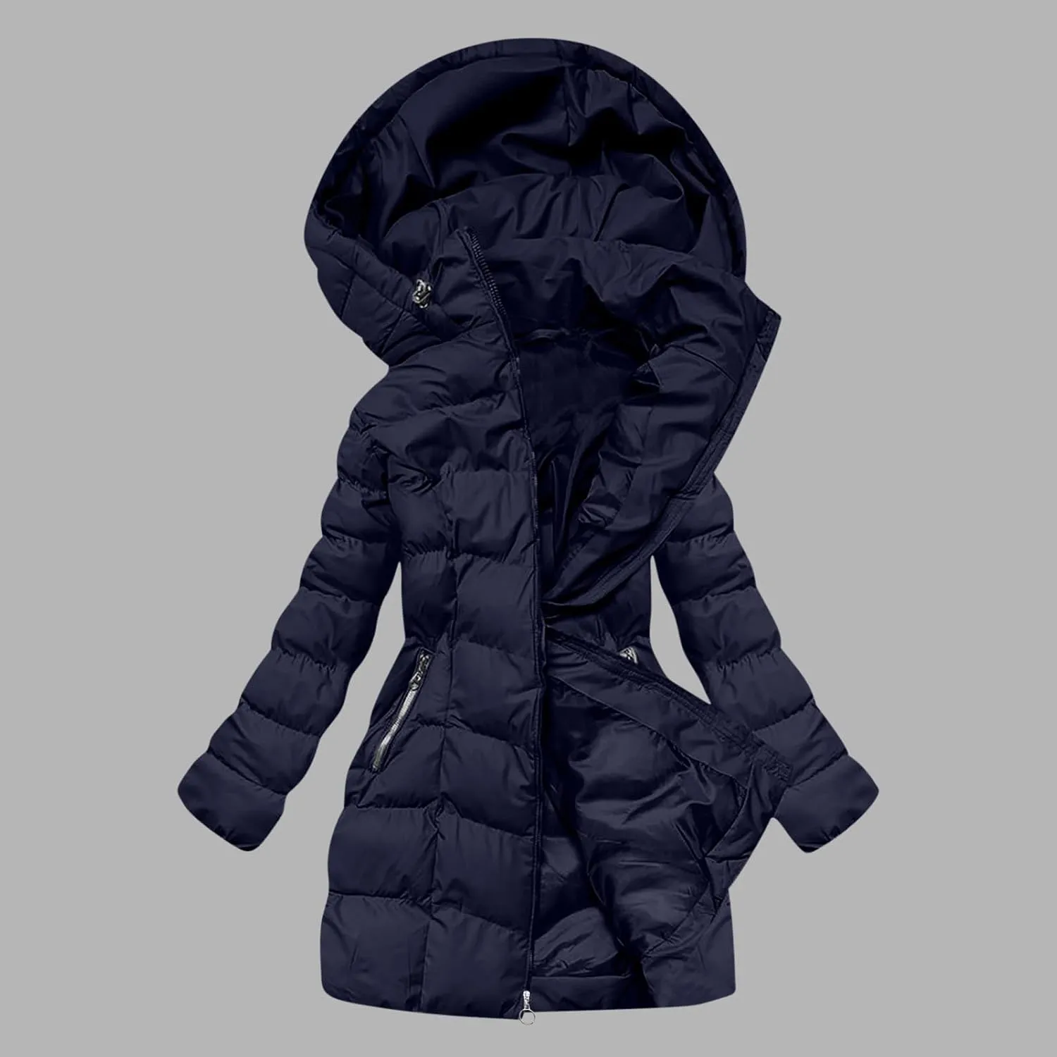 Quilted Jacket for Women Warm Winter Mid Length Down Puffer Jacket Thicken Hooded Zipper Padded Overcoat Outerwear
