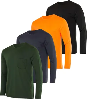 Real Essentials 4 Pack: Men's Dry-Fit Active Athletic Long Sleeve Pocket Crew T-Shirt Outdoors UPF 50 S-5XLT