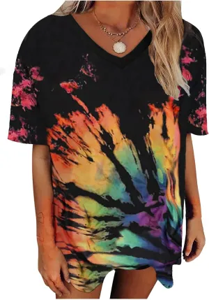 Remidoo Womens Tie Dye Oversized T Shirts V Neck Short Sleeve Loose Tee Top