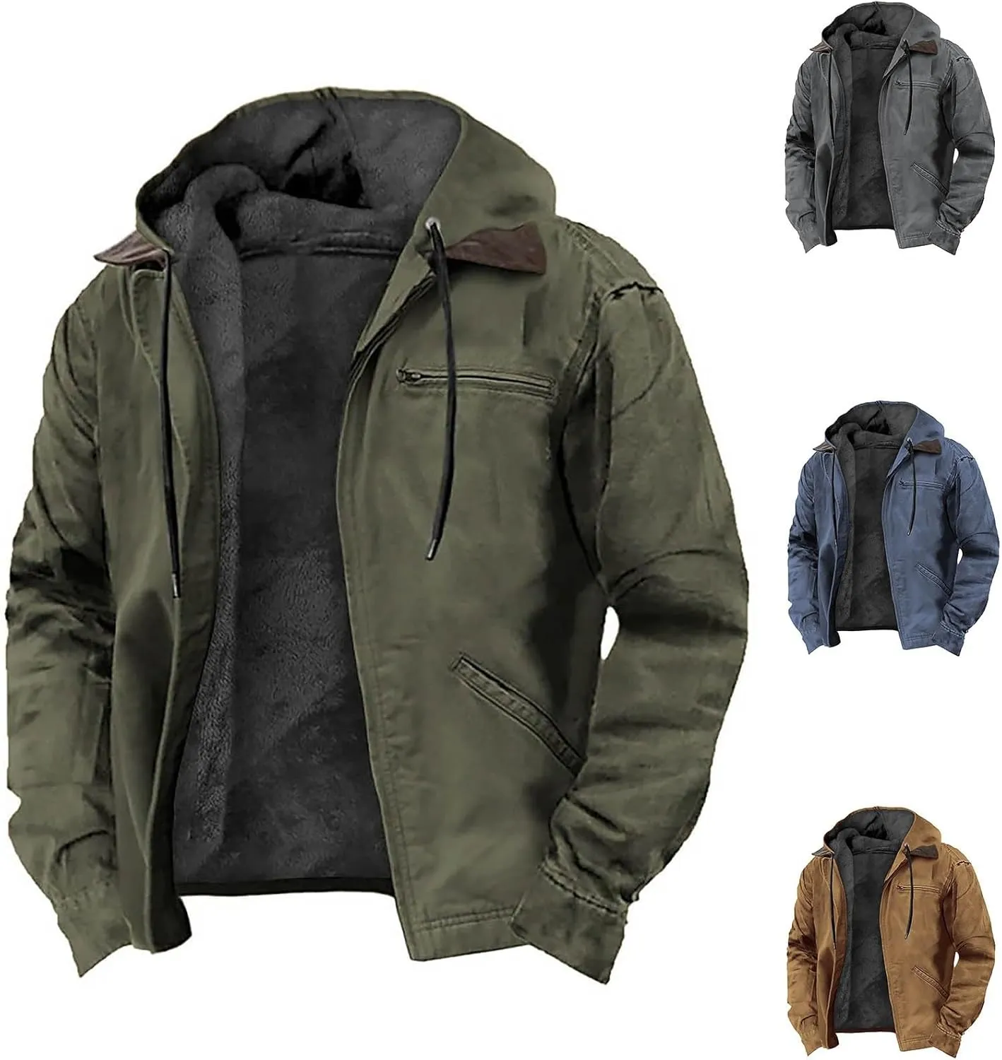 Retro Winter Fleece Lined Hooded Jacket for Men Oversized Loose Full Zip Up Long Sleeve Warm Soft Drawstring Coat with Pocket