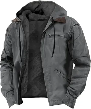 Retro Winter Fleece Lined Hooded Jacket for Men Oversized Loose Full Zip Up Long Sleeve Warm Soft Drawstring Coat with Pocket