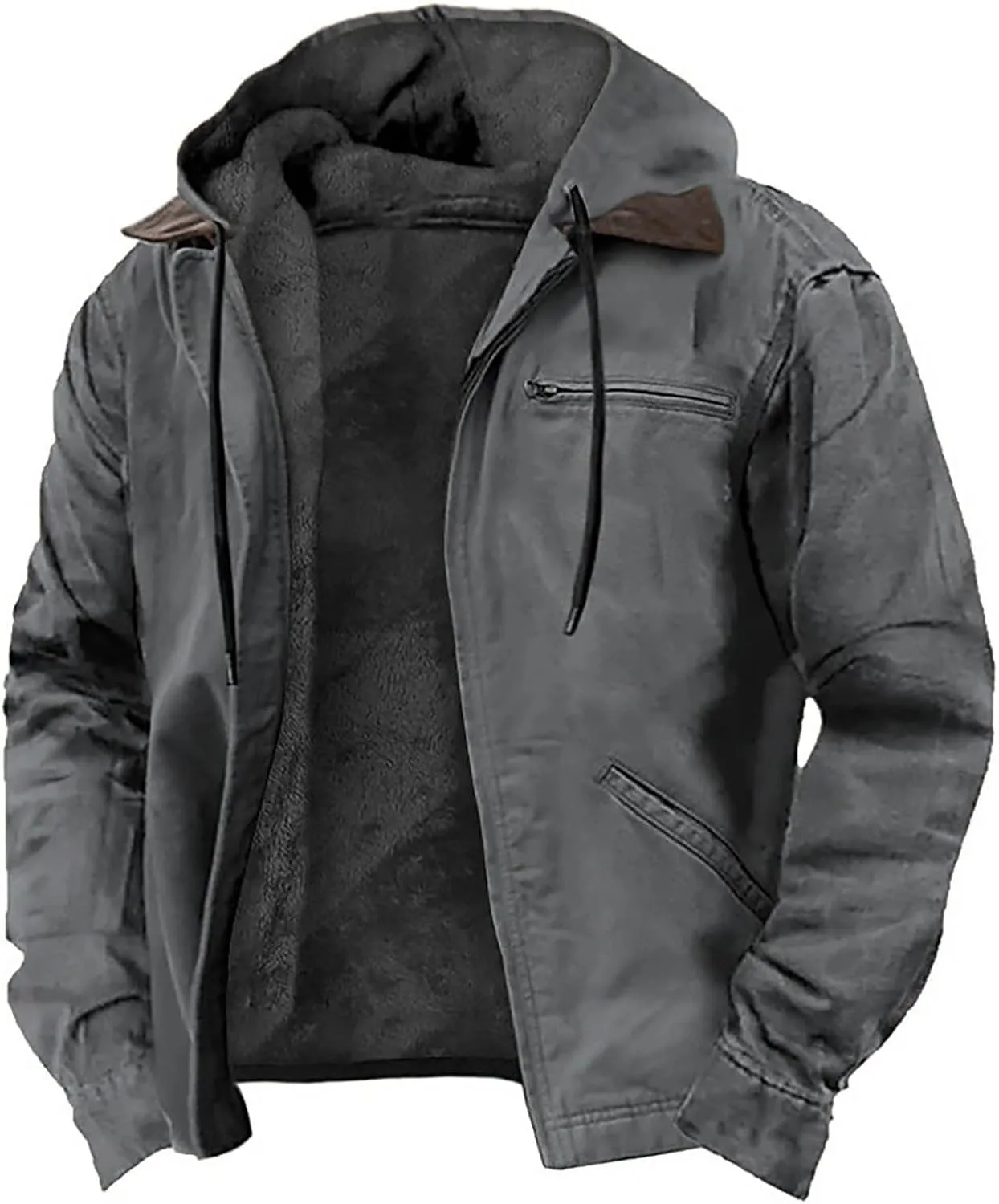 Retro Winter Fleece Lined Hooded Jacket for Men Oversized Loose Full Zip Up Long Sleeve Warm Soft Drawstring Coat with Pocket