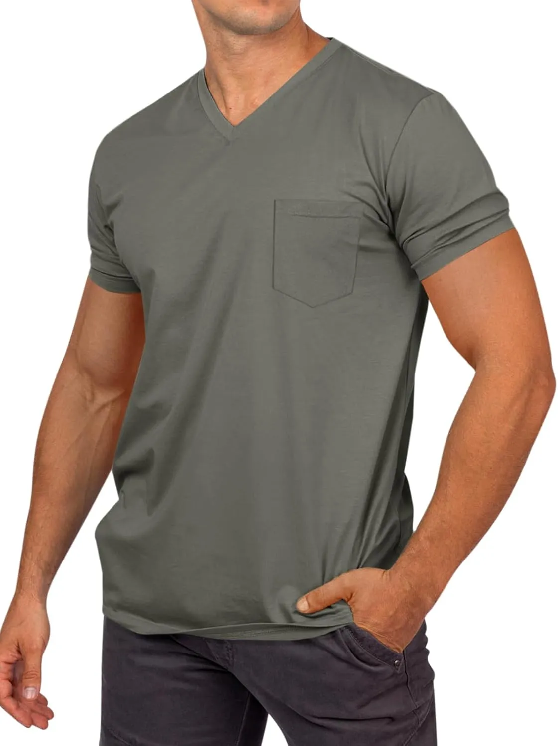 Runcati Mens Cotton V Neck T-Shirts Short Sleeve Casual Basic Summer Beach Pocket Tee Tops