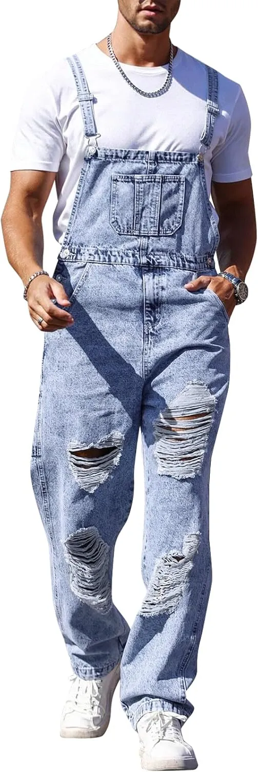 Runcati Men's Denim Bib Overall Ripped Distressed Jean Casual Fashion Workwear Adjustable Strap Hip Hop Jumpsuit