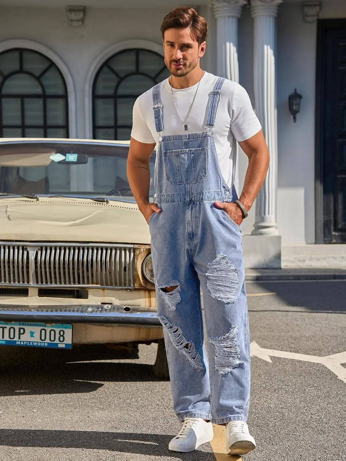 Runcati Men's Denim Bib Overall Ripped Distressed Jean Casual Fashion Workwear Adjustable Strap Hip Hop Jumpsuit