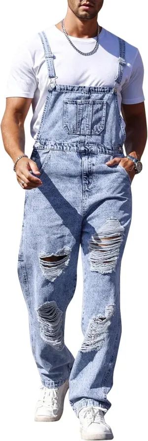 Runcati Men's Denim Bib Overall Ripped Distressed Jean Casual Fashion Workwear Adjustable Strap Hip Hop Jumpsuit