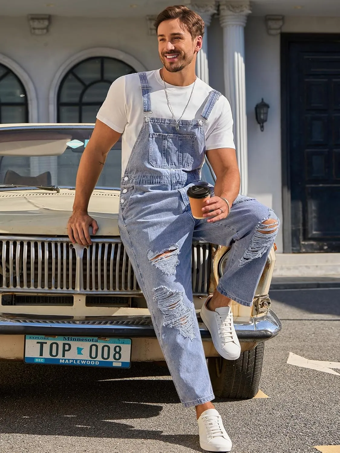 Runcati Men's Denim Bib Overall Ripped Distressed Jean Casual Fashion Workwear Adjustable Strap Hip Hop Jumpsuit