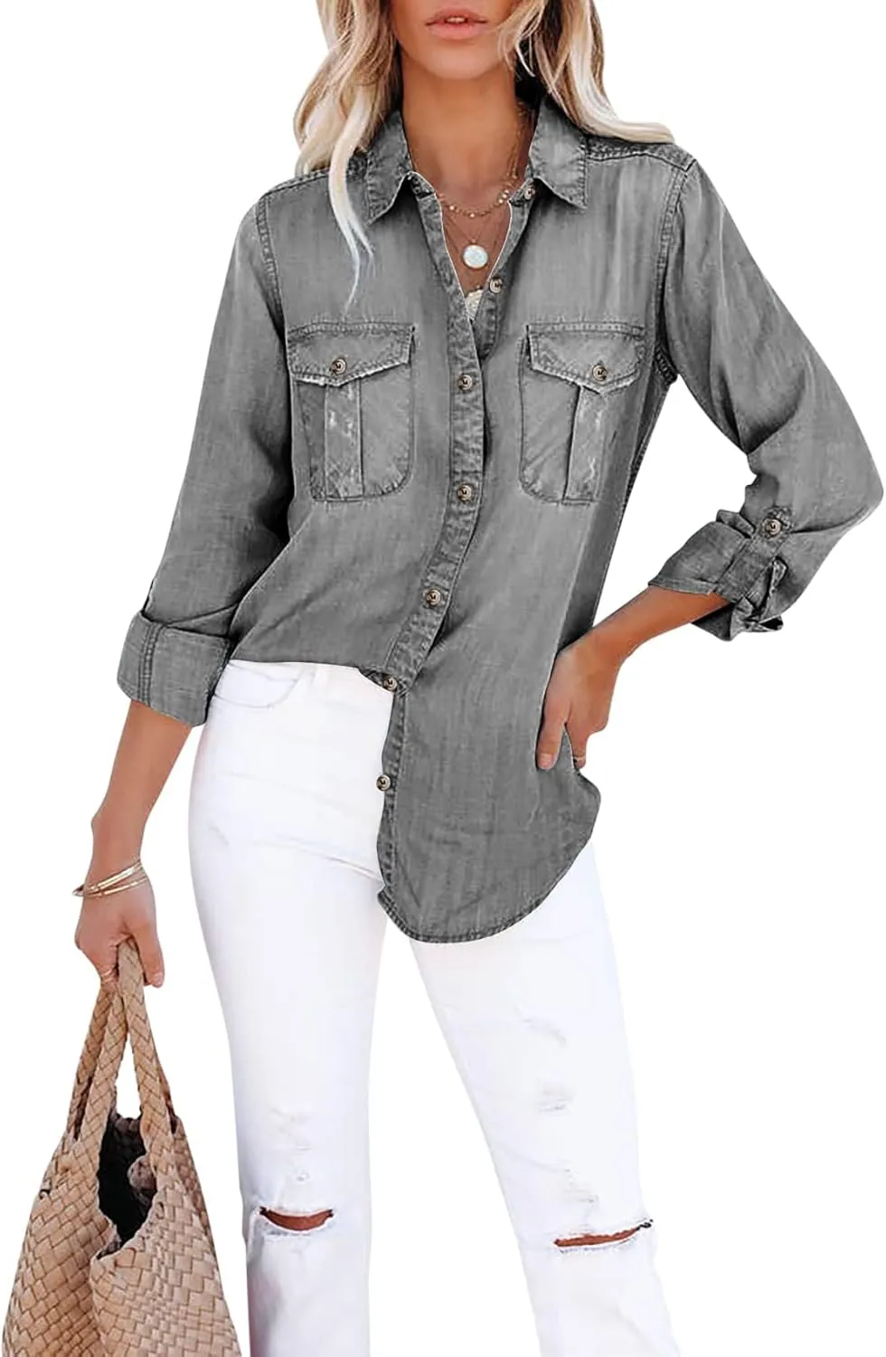 Runcati Womens Button Down Denim Shirt Long Sleeve Roll Up Casual Oversized Jean Shirt Jacket Distressed Tunic Tops