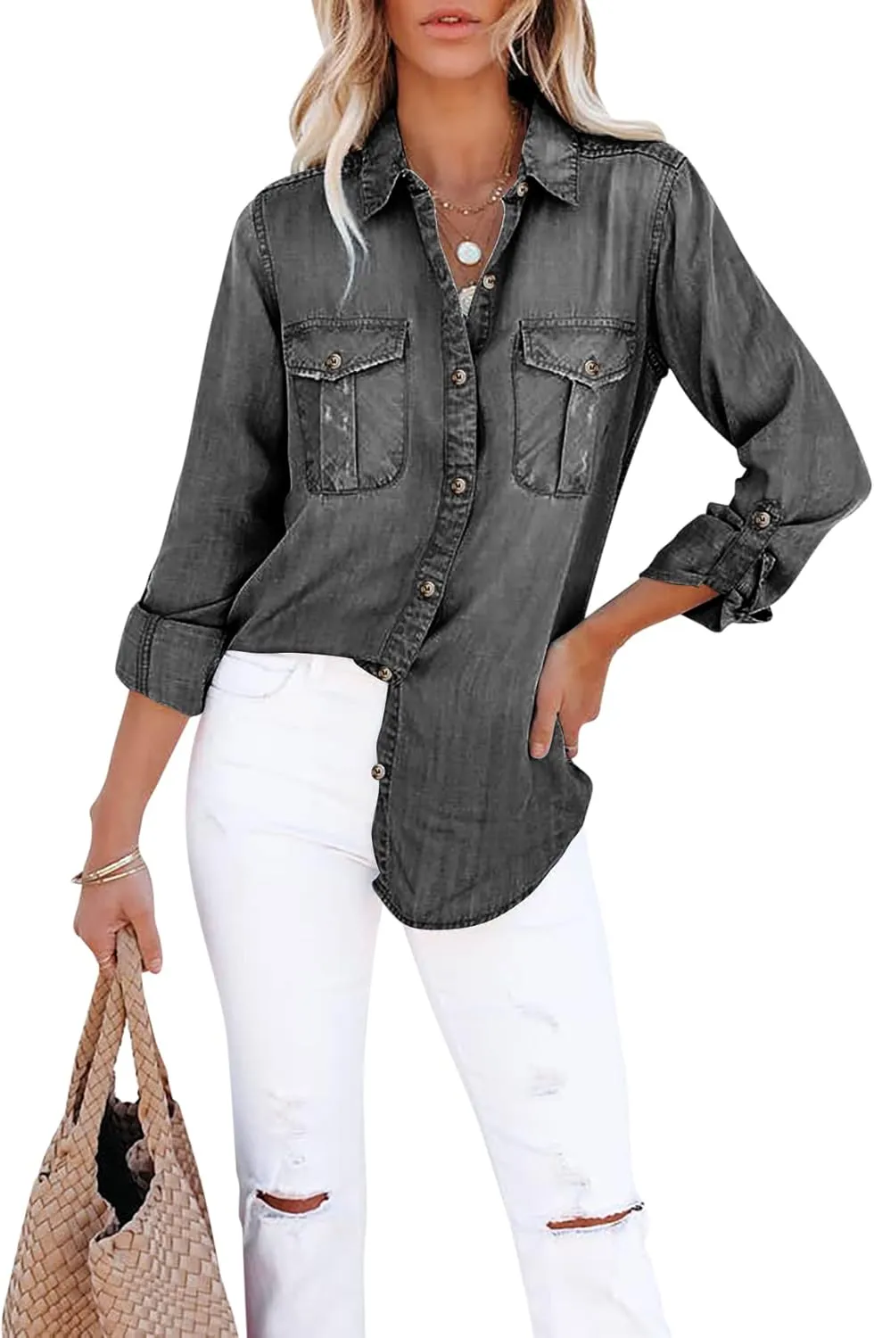 Runcati Womens Button Down Denim Shirt Long Sleeve Roll Up Casual Oversized Jean Shirt Jacket Distressed Tunic Tops