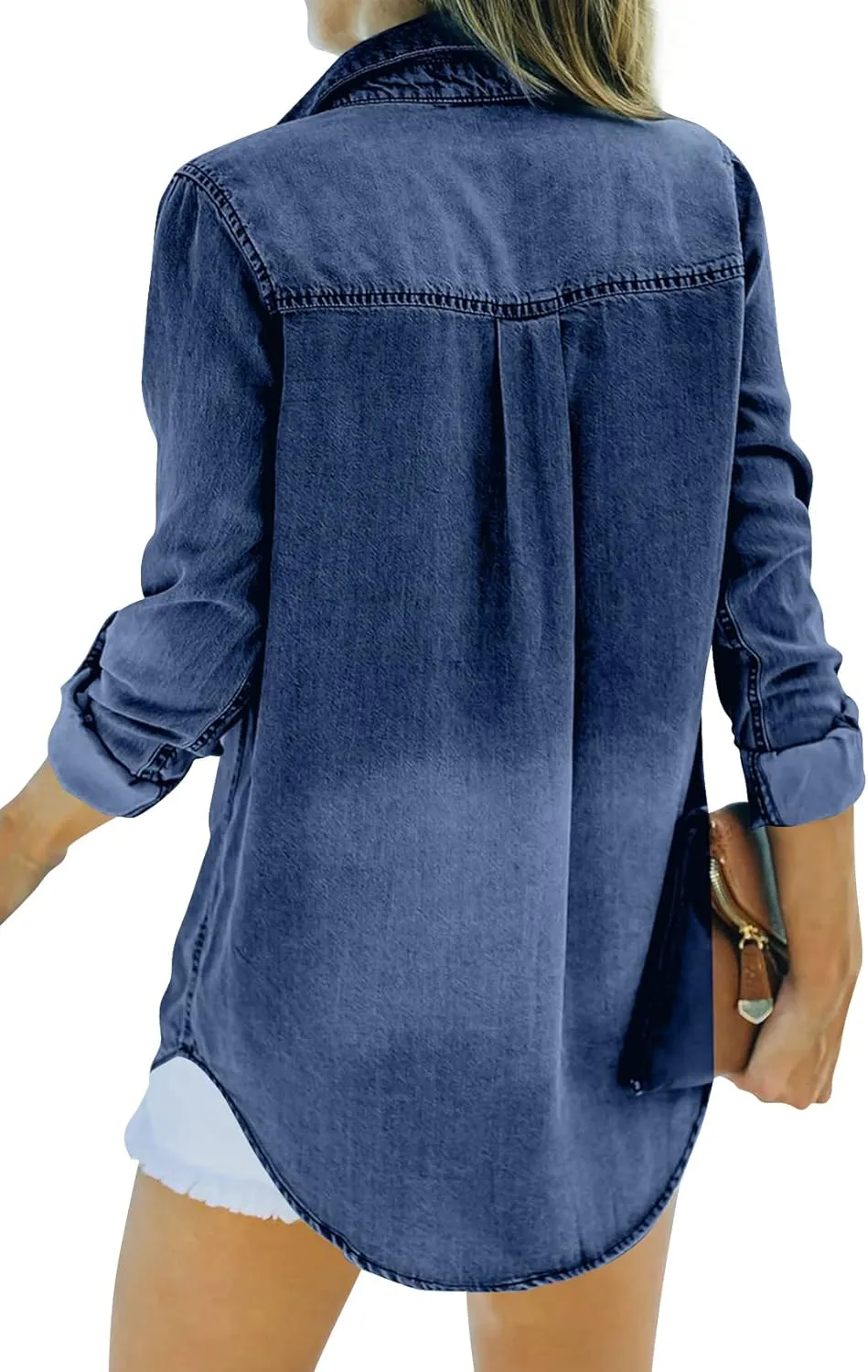 Runcati Womens Button Down Denim Shirt Long Sleeve Roll Up Casual Oversized Jean Shirt Jacket Distressed Tunic Tops
