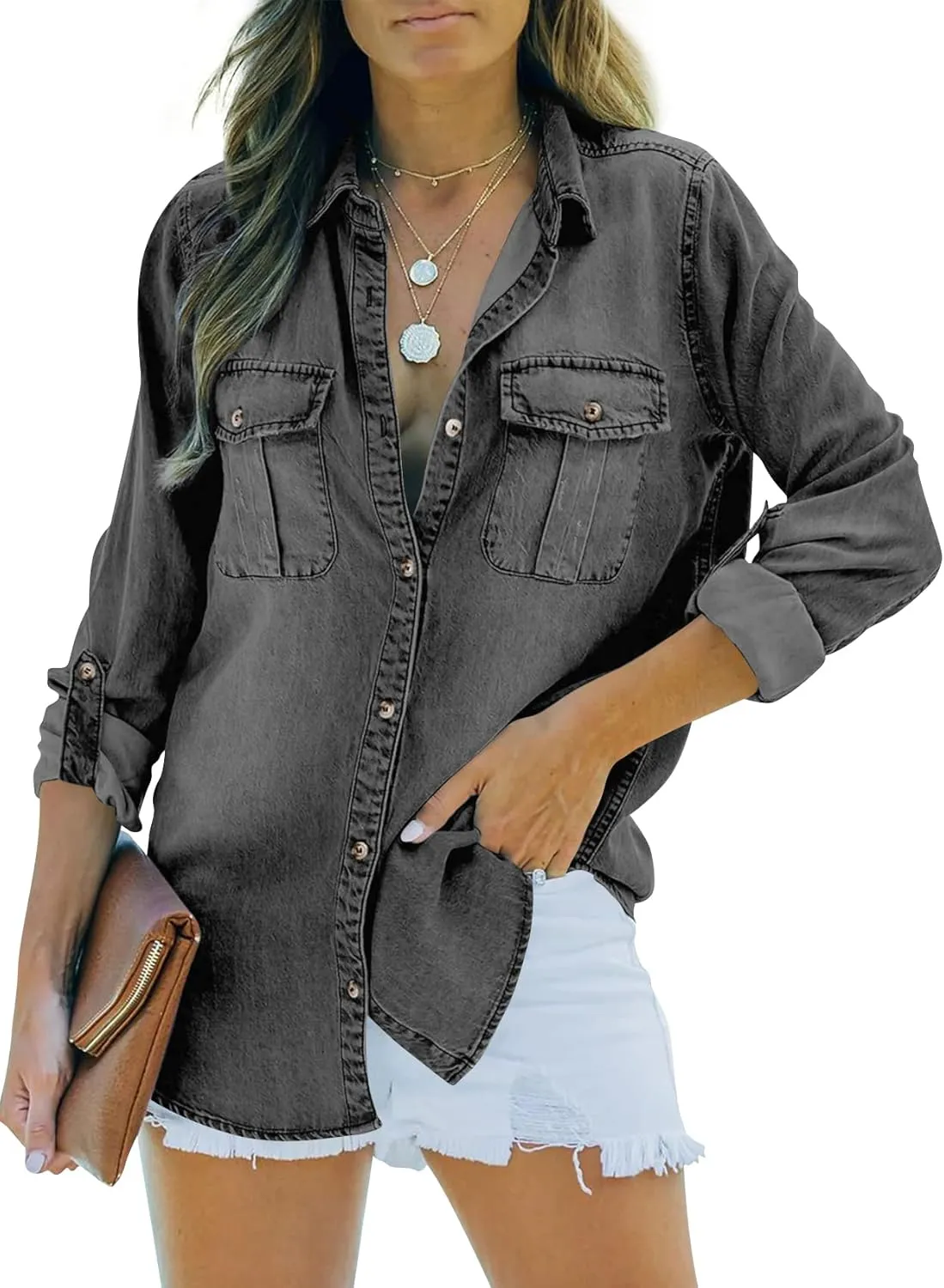 Runcati Womens Button Down Denim Shirt Long Sleeve Roll Up Casual Oversized Jean Shirt Jacket Distressed Tunic Tops