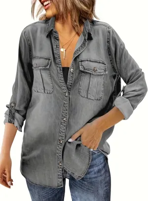 Runcati Womens Button Down Denim Shirt Long Sleeve Roll Up Casual Oversized Jean Shirt Jacket Distressed Tunic Tops