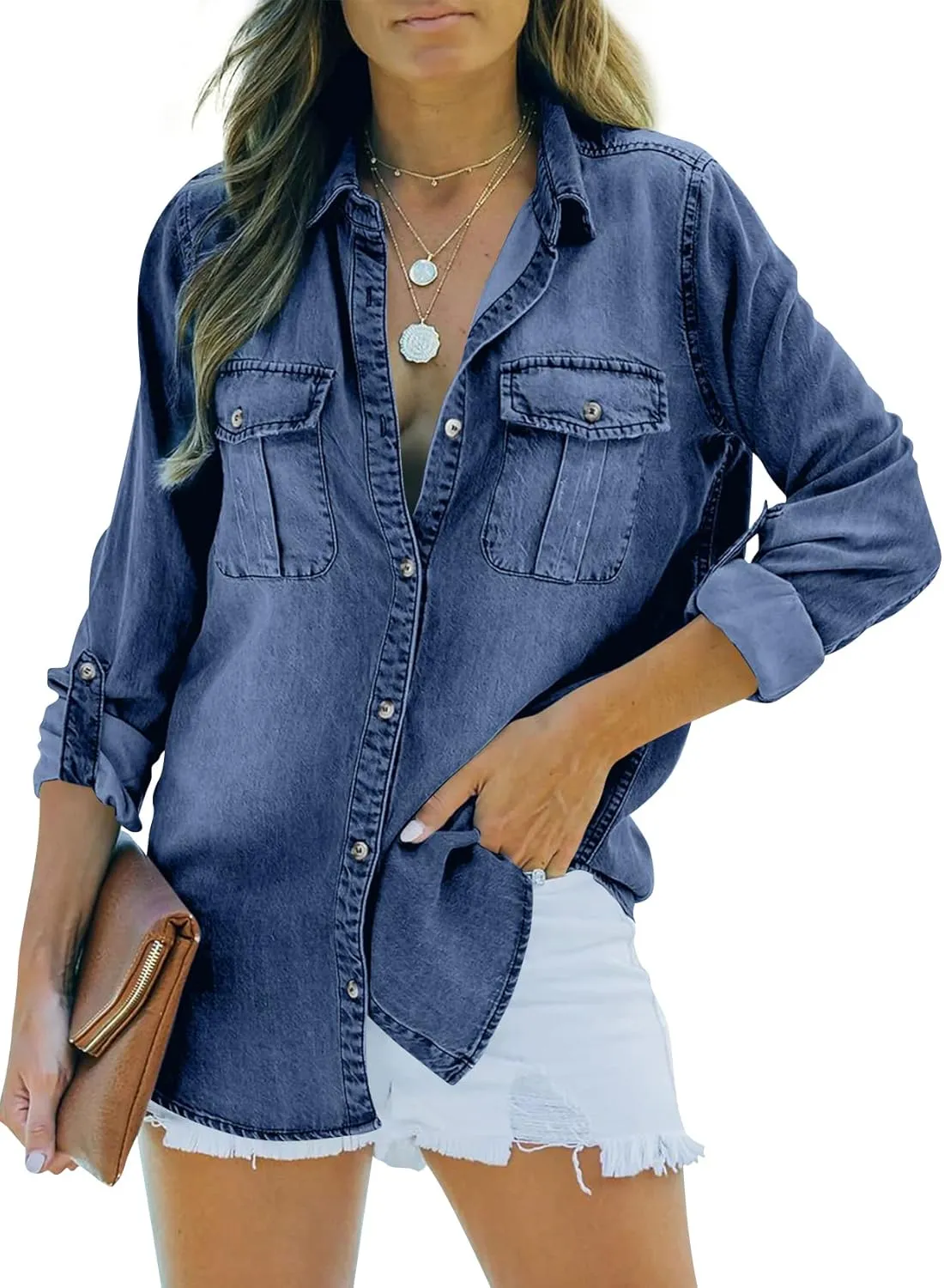 Runcati Womens Button Down Denim Shirt Long Sleeve Roll Up Casual Oversized Jean Shirt Jacket Distressed Tunic Tops