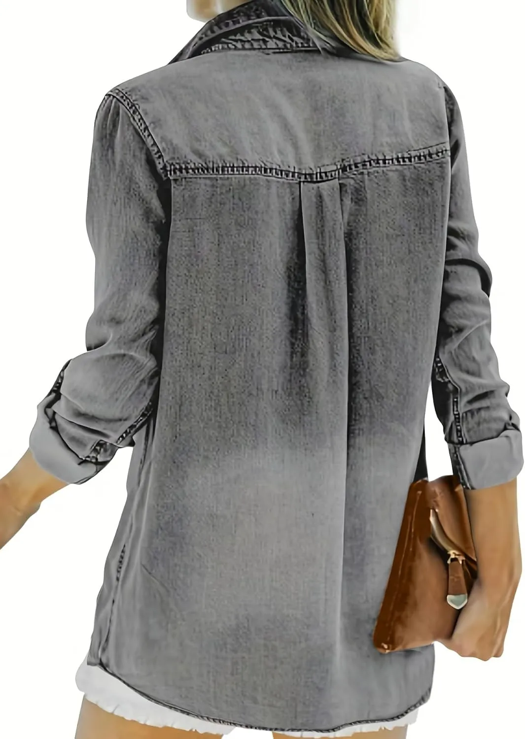 Runcati Womens Button Down Denim Shirt Long Sleeve Roll Up Casual Oversized Jean Shirt Jacket Distressed Tunic Tops