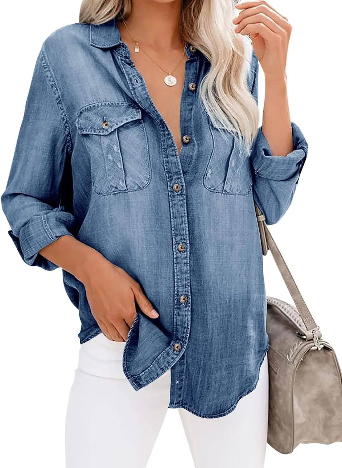 Runcati Womens Button Down Denim Shirt Long Sleeve Roll Up Casual Oversized Jean Shirt Jacket Distressed Tunic Tops