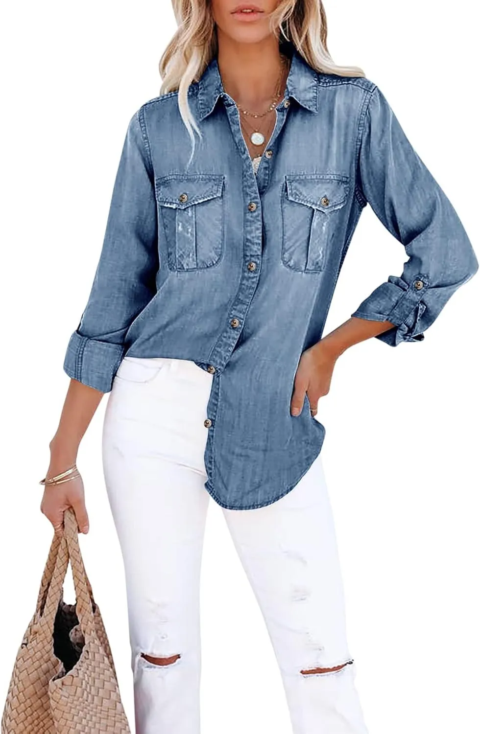 Runcati Womens Button Down Denim Shirt Long Sleeve Roll Up Casual Oversized Jean Shirt Jacket Distressed Tunic Tops