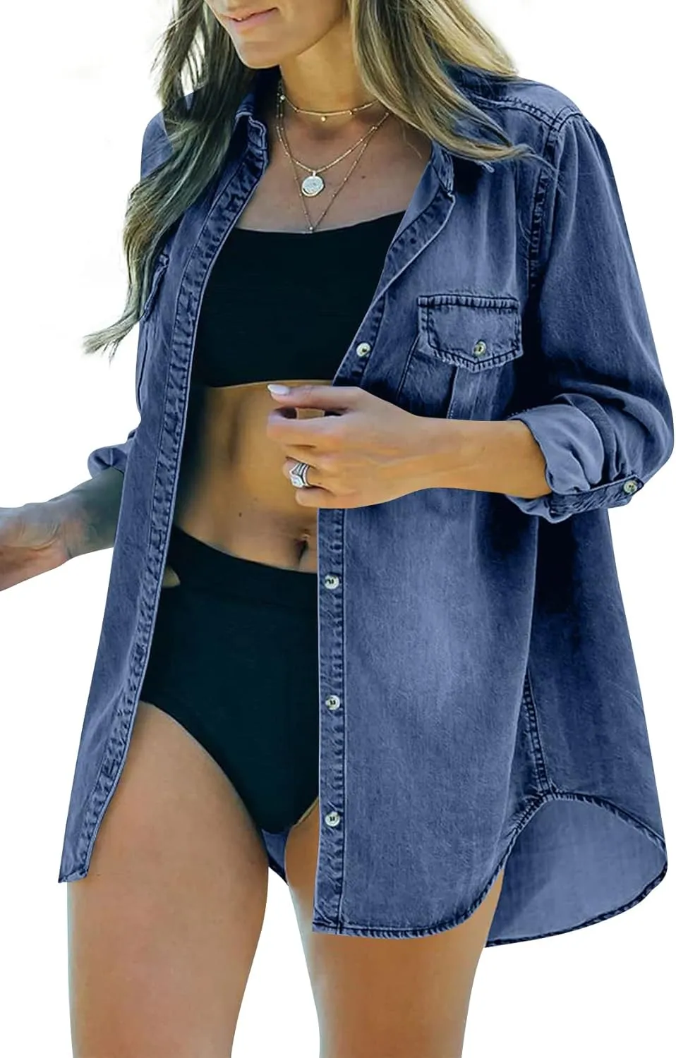 Runcati Womens Button Down Denim Shirt Long Sleeve Roll Up Casual Oversized Jean Shirt Jacket Distressed Tunic Tops