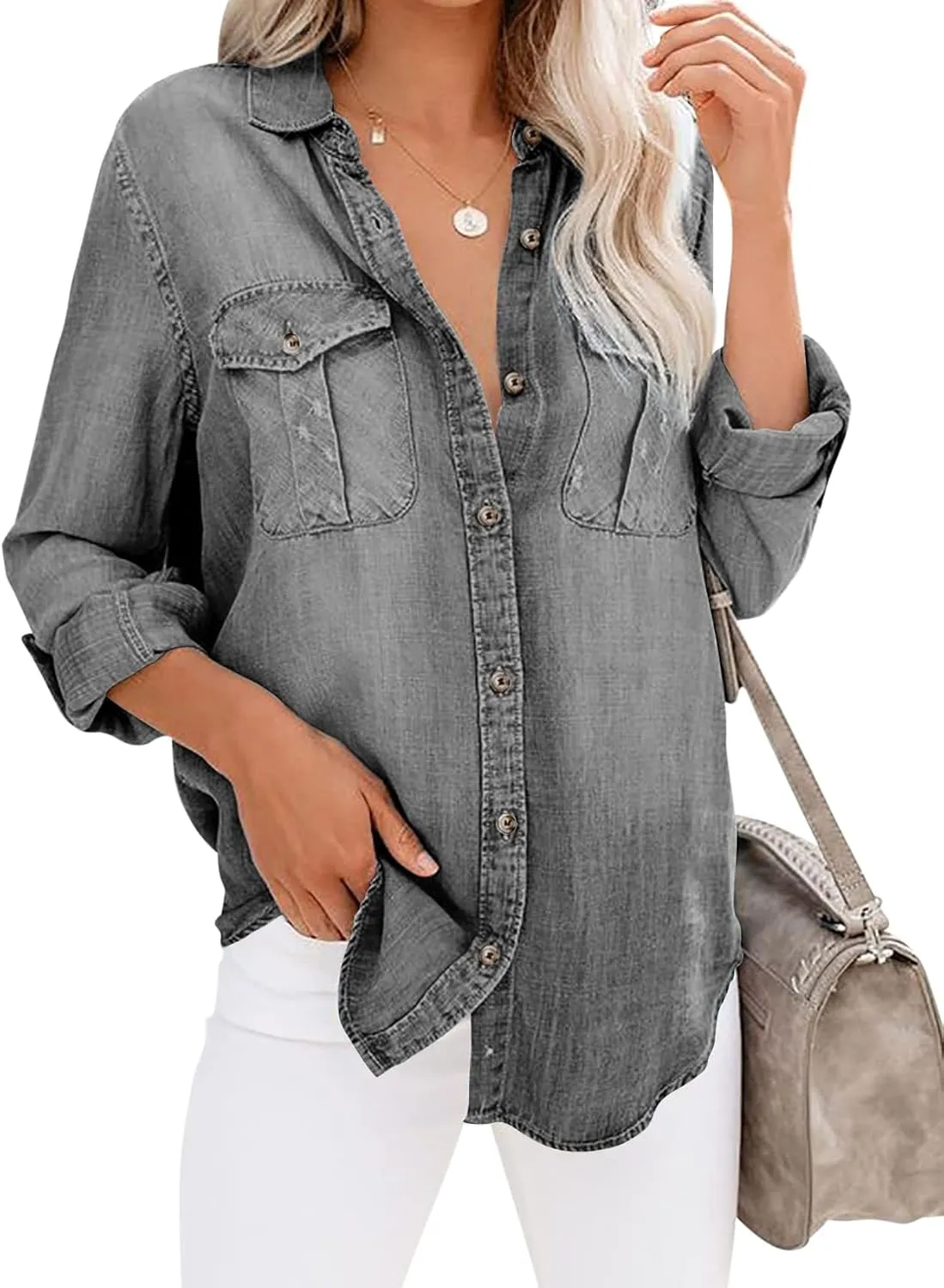 Runcati Womens Button Down Denim Shirt Long Sleeve Roll Up Casual Oversized Jean Shirt Jacket Distressed Tunic Tops