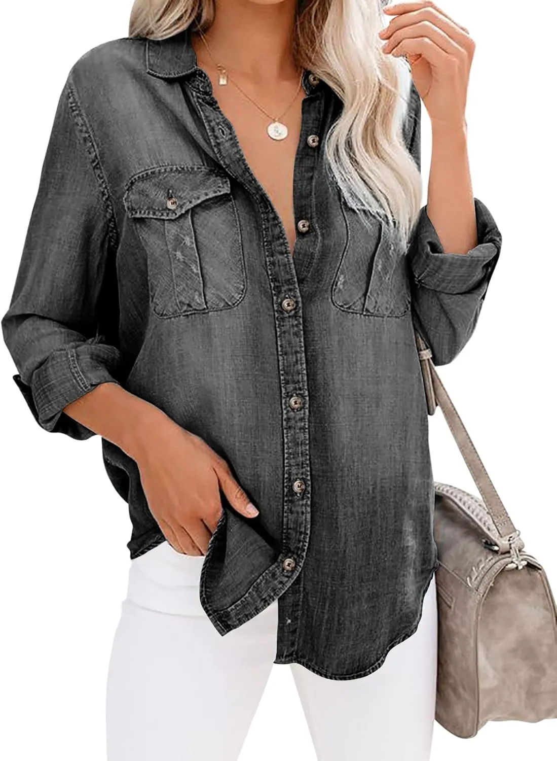 Runcati Womens Button Down Denim Shirt Long Sleeve Roll Up Casual Oversized Jean Shirt Jacket Distressed Tunic Tops
