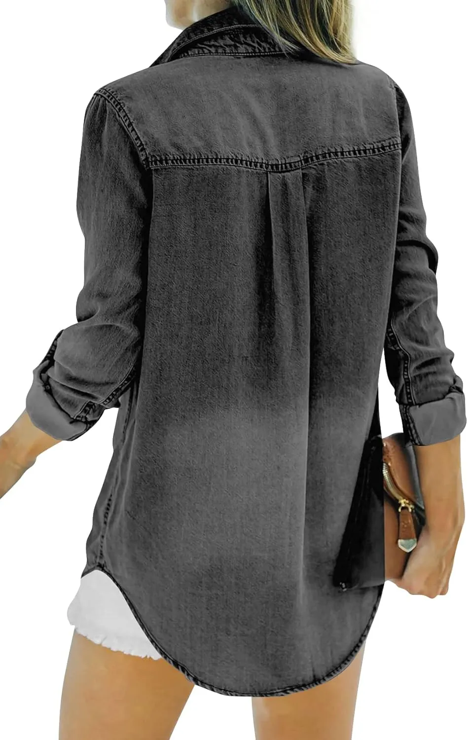 Runcati Womens Button Down Denim Shirt Long Sleeve Roll Up Casual Oversized Jean Shirt Jacket Distressed Tunic Tops
