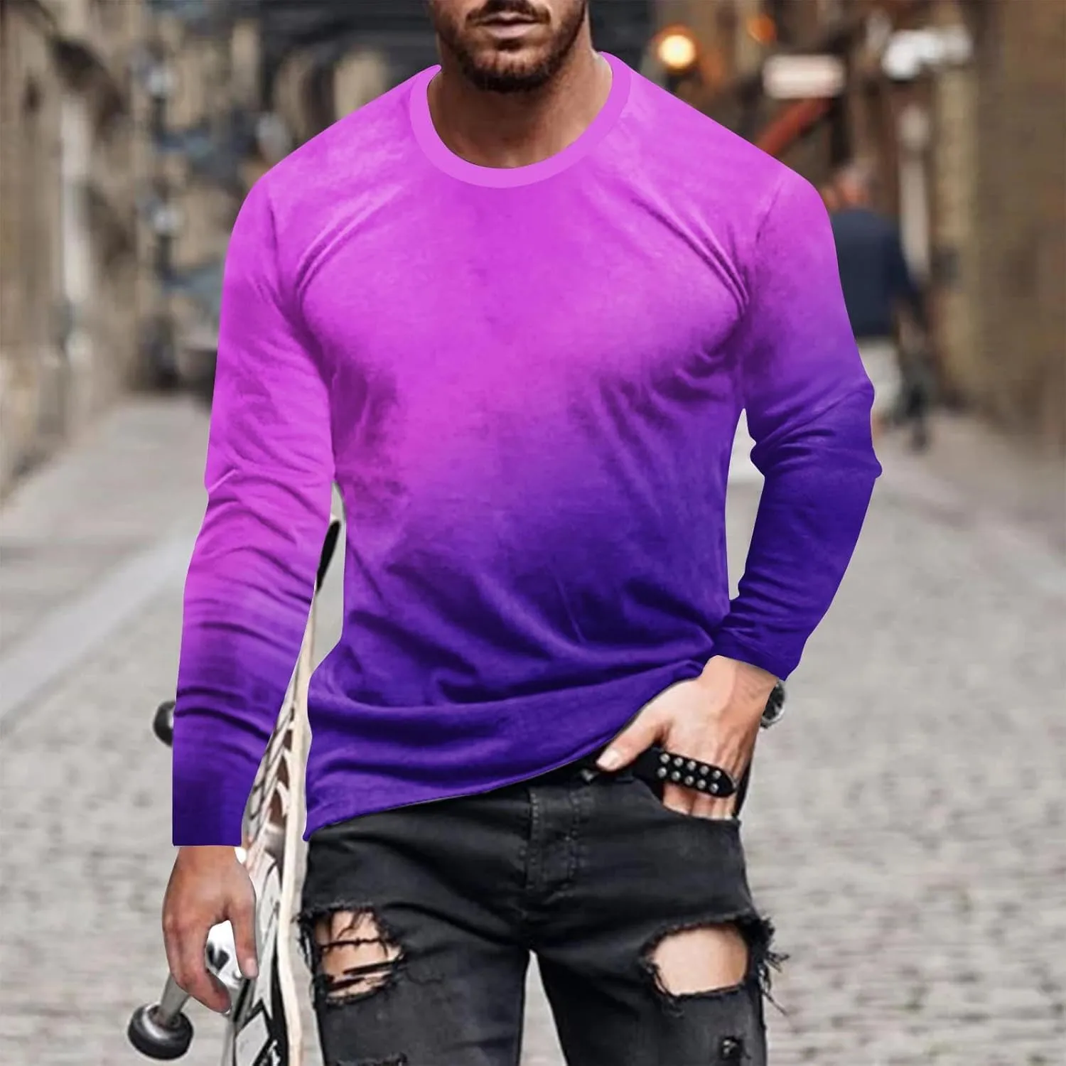 Shirts for Men Long Sleeve Casual Loose Gradient Color Print Crewneck Sweatshirt Lightweight Gym Workout Pullover Top