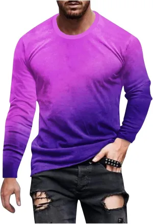 Shirts for Men Long Sleeve Casual Loose Gradient Color Print Crewneck Sweatshirt Lightweight Gym Workout Pullover Top