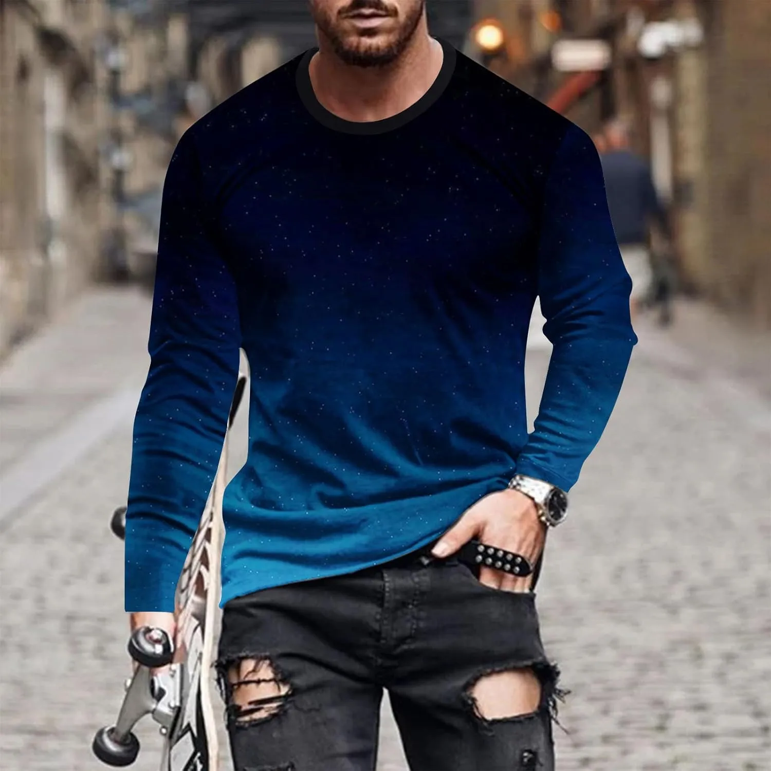 Shirts for Men Long Sleeve Casual Loose Gradient Color Print Crewneck Sweatshirt Lightweight Gym Workout Pullover Top