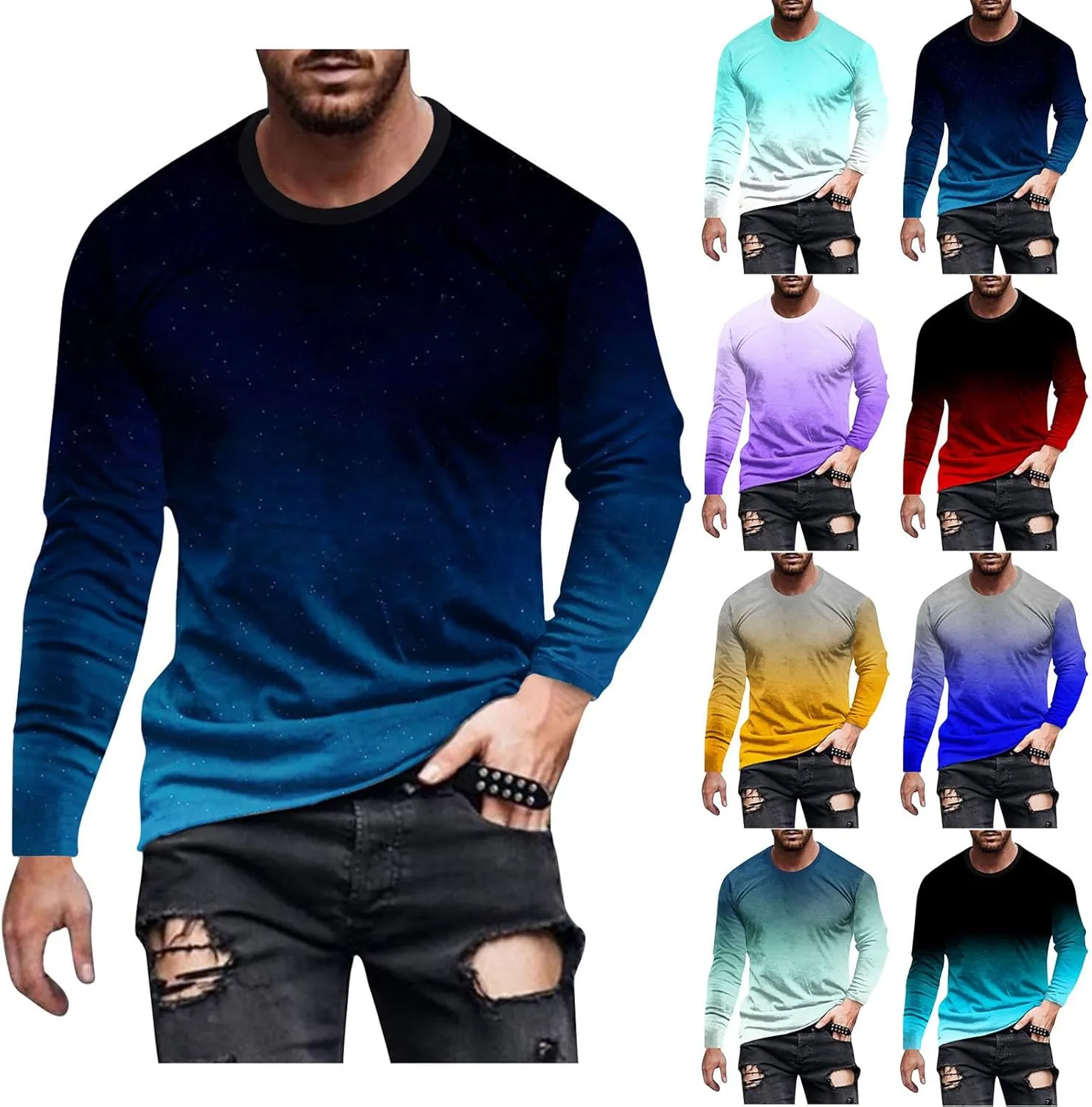 Shirts for Men Long Sleeve Casual Loose Gradient Color Print Crewneck Sweatshirt Lightweight Gym Workout Pullover Top