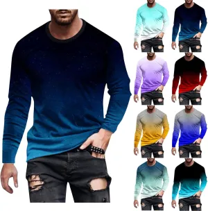 Shirts for Men Long Sleeve Casual Loose Gradient Color Print Crewneck Sweatshirt Lightweight Gym Workout Pullover Top