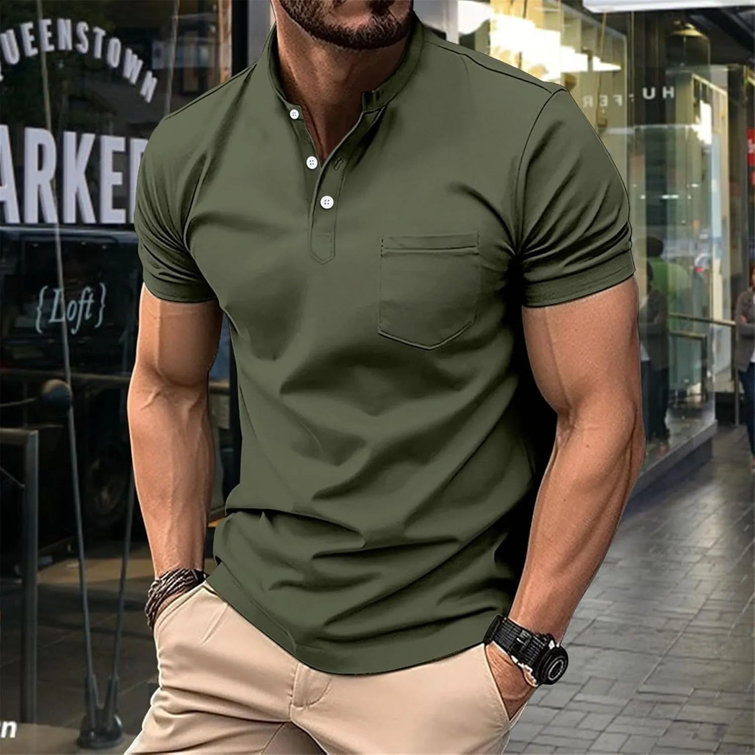 Short Sleeve Muscle Henley T-Shirts for Men Casual Cotton Gym Workout Athletic V Neck Tees Quick Dry Summer Work Polo Shirts