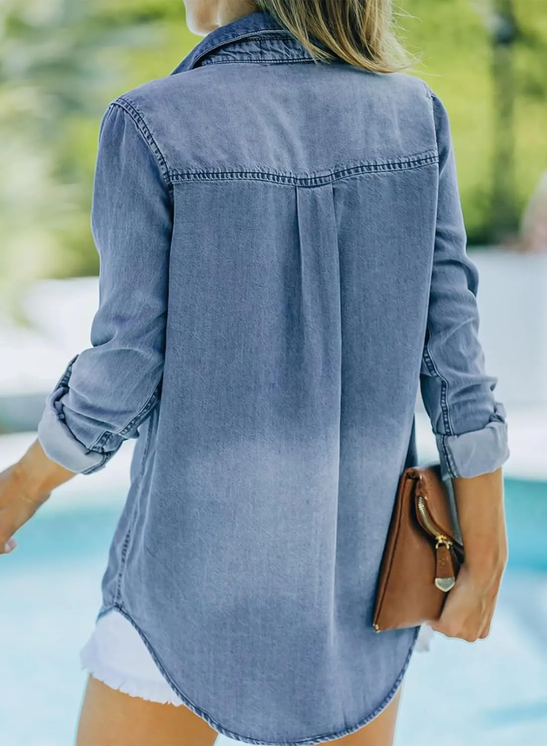 Sidefeel Women's Denim Tops Long Sleeve Shacket Jackets Button Down Collared Jean Shirt