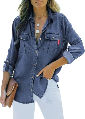 Sidefeel Women's Denim Tops Long Sleeve Shacket Jackets Button Down Collared Jean Shirt