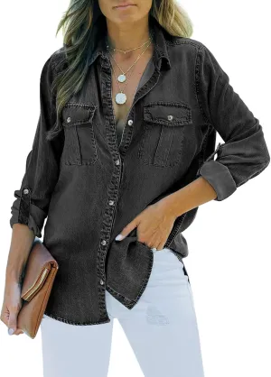 Sidefeel Women's Denim Tops Long Sleeve Shacket Jackets Button Down Collared Jean Shirt