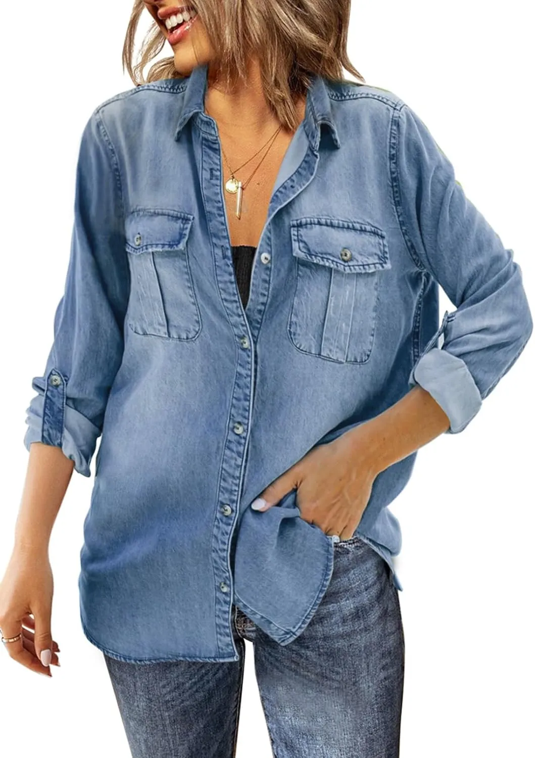 Sidefeel Women's Denim Tops Long Sleeve Shacket Jackets Button Down Collared Jean Shirt